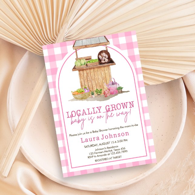 Convites Chá de fraldas rosa crescido localmente (Pink Locally Grown Farmers Market Baby Shower Invitation )