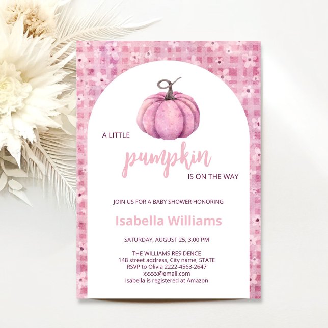Convites Chá de fraldas rosa da menina da abóbora (Little pumpkin minimalistic autumn fall pink girl baby shower invitation )