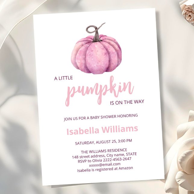 Convites Chá de fraldas rosa da menina da abóbora (Little pumpkin minimalistic autumn fall pink girl baby shower invitation )