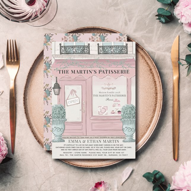Convites Chá de fraldas rosa da padaria francesa Patisserie (Criador carregado)