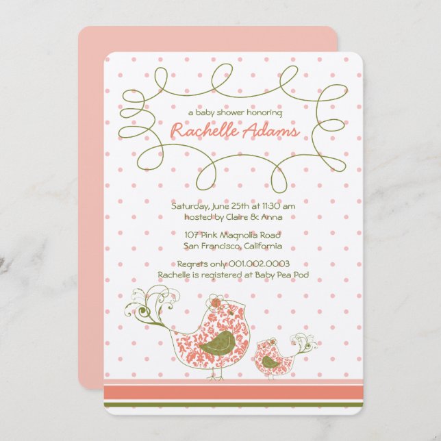 Convites Chá de fraldas Rosa Damask Mãe & Baby Bird Chic Gi (Frente/Verso)