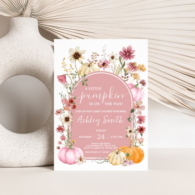 Convites Chá de fraldas rosa de abóbora de flor selvagem (Wildflower Pumpkin Baby Shower Invitation
)