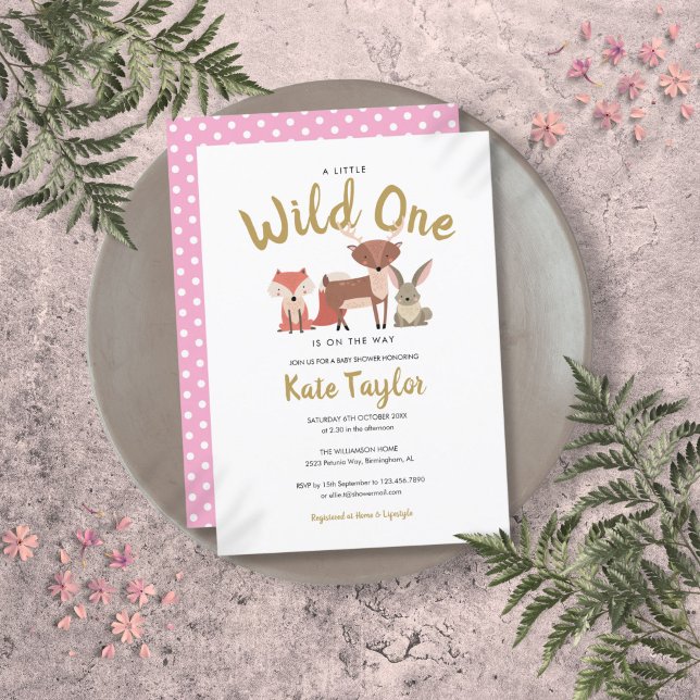 Convites Chá de fraldas Rosa De Animais Selvagens De Flores (Wild One Woodland Animals Pink Baby Shower Invitation)