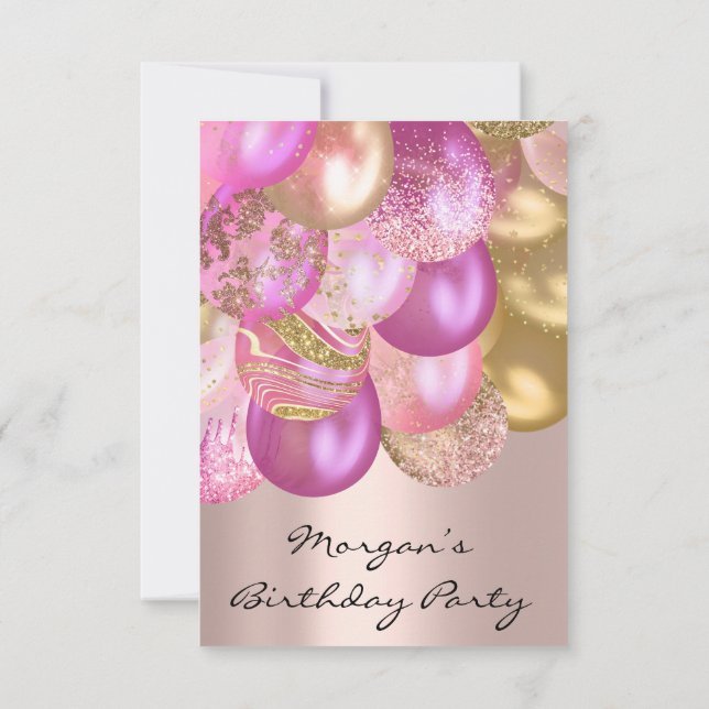 Convites Chá de fraldas rosa de aniversário Ballons sobe (Verso)