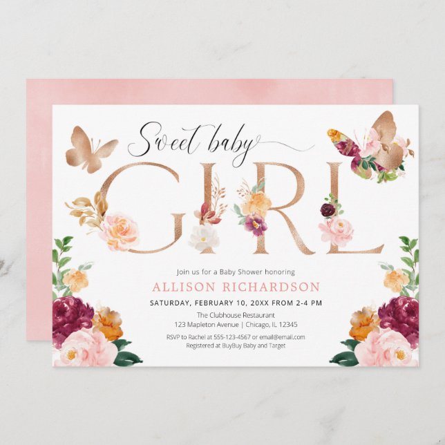 Convites Chá de fraldas rosa de borboleta dourada pincel co (Frente/Verso)