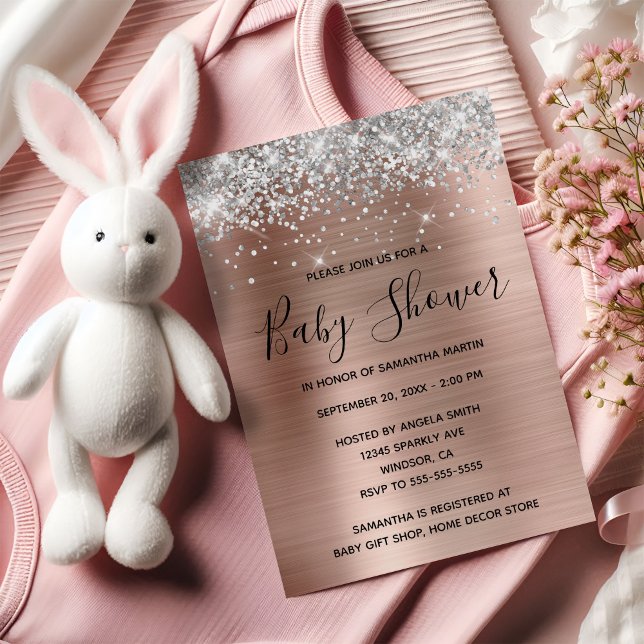 Convites Chá de fraldas Rosa de folha de ouro com brilho pr (Silver Glitter Rose Gold Foil Baby Shower Invitation)