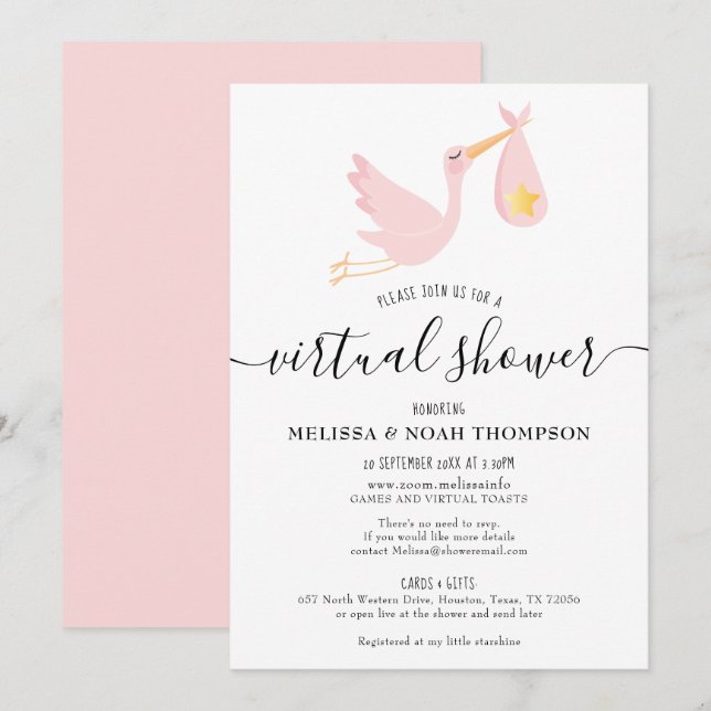 Convites Chá de fraldas Rosa de Longa Distância Virtual Onl (Frente/Verso)