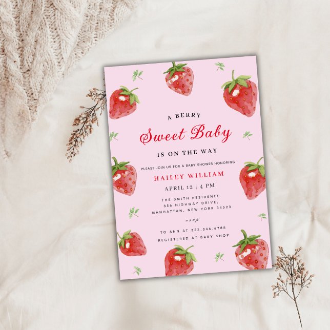 Convites Chá de fraldas Rosa De Morango Berry (Pink Strawberry Berry Sweet Girl Baby Shower Invitation)