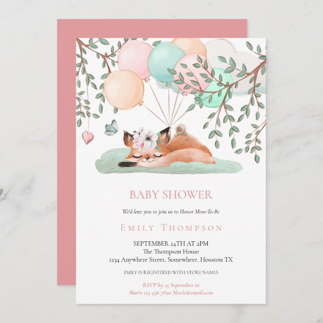 Convites Chá de fraldas rosa de Raposa Dormindo (Frente/Verso)