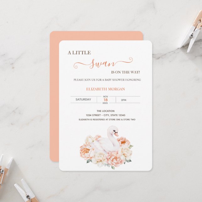 Convites Chá de fraldas Rosa de Swan para Bebês Adorável (Frente/Verso In Situ)