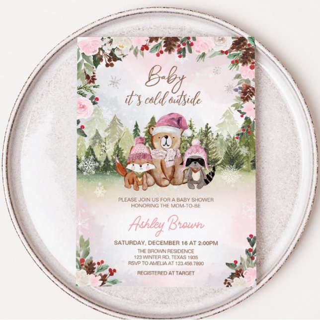 Convites Chá de fraldas rosa de Woodland (Pink Floral Winter Baby Shower Invitation)