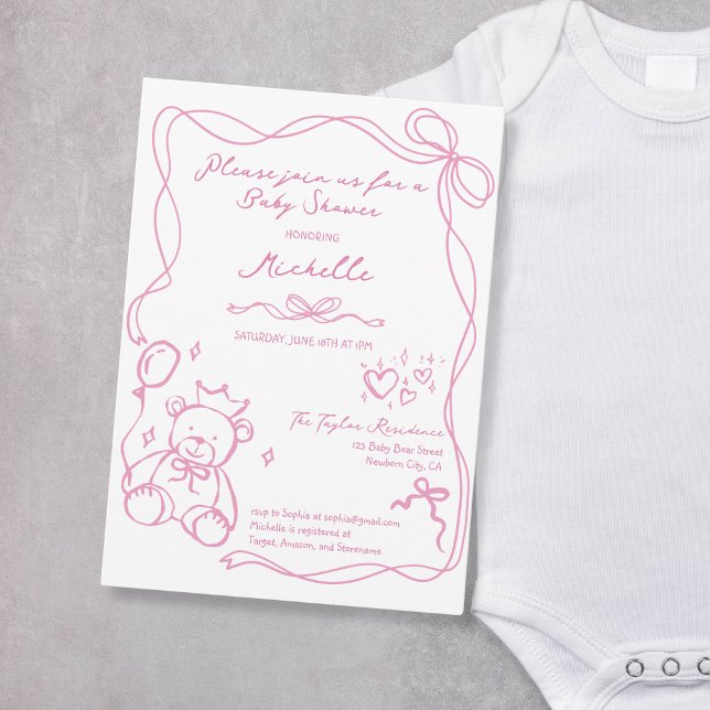 Convites Chá de fraldas Rosa, Desenho-se Mão Esbranquiçada (hand drawn blue teddy bear with balloon baby shower invitation)