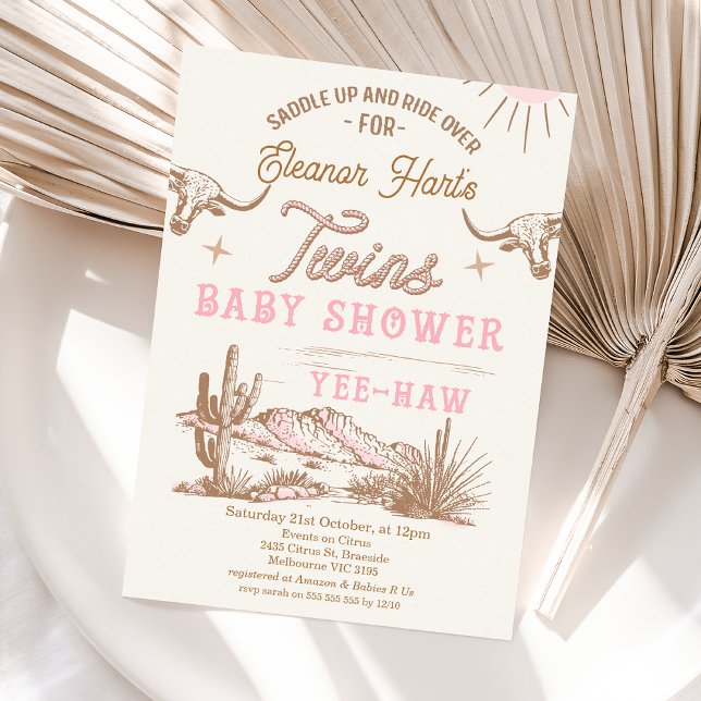 Convites Chá de fraldas Rosa do Deserto Ocidental dos Gêmeo (Wild West Western Twin Girls Baby Shower Invitation, Rodeo Western Desert Twins Baby Shower Invite )