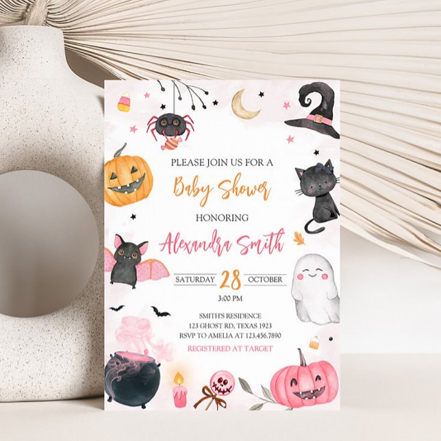 Convites Chá de fraldas Rosa do Dia das Bruxas (Pink Ghost Halloween Baby Shower Invitation)