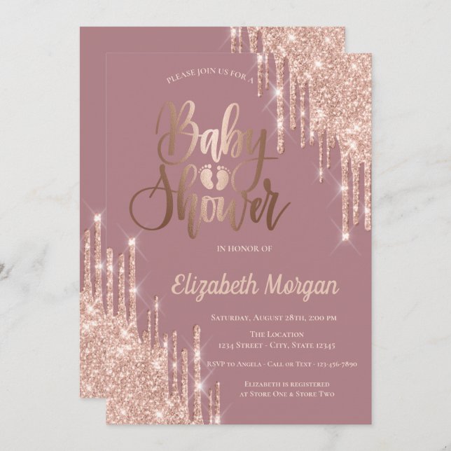 Convites Chá de fraldas rosa Dourada Glitter Drives Bebês P (Frente/Verso)