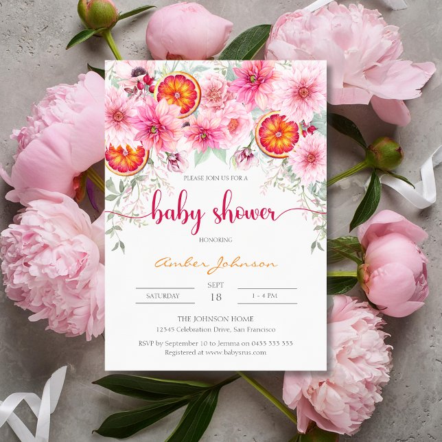 Convites Chá de fraldas Rosa e Citrus Moderno de Aquarela (Girl baby shower invitation, pink watercolor flowers and citrus, baby shower)