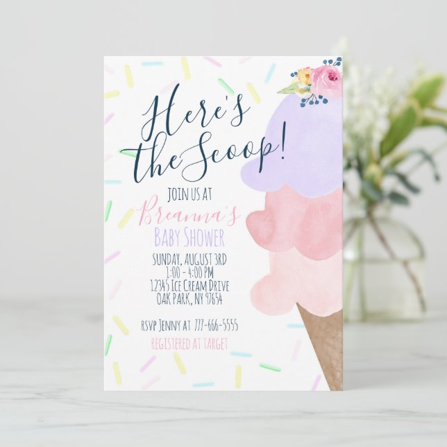 Convites Chá de fraldas rosa e Sorvete roxo (Em pé/Frente)