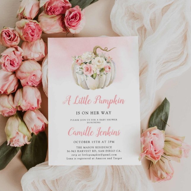 Convites Chá de fraldas Rosa Elegante (A little Pumpkin in on the way Pink baby shower invitation)