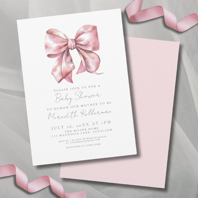 Convites Chá de fraldas rosa elegante (Simple Elegant Pink Bow Baby Shower Invitation)