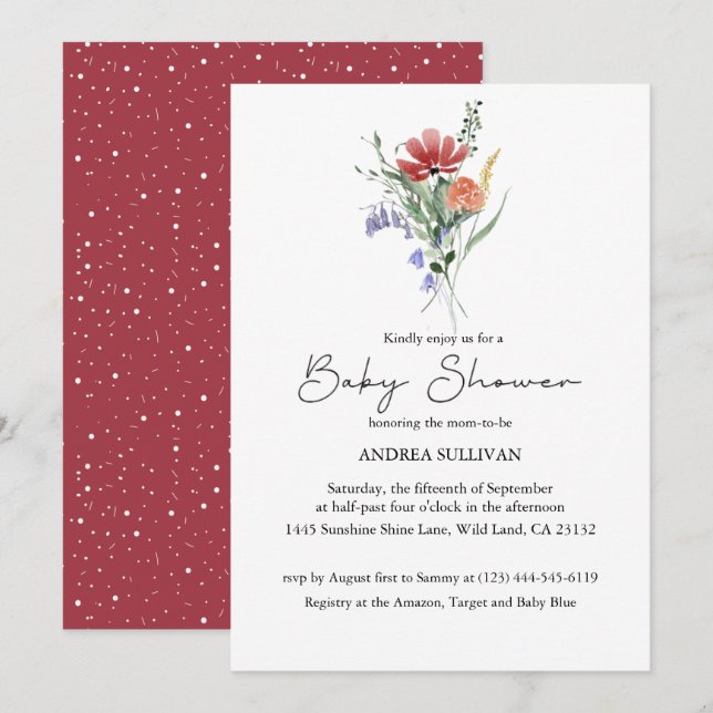 Convites Chá de fraldas Rosa Escuro de Flor Selvagem Minima (Frente/Verso)