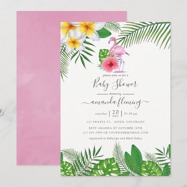 Convites Chá de fraldas Rosa Flamingo Tropical Watercolor G (Frente/Verso)
