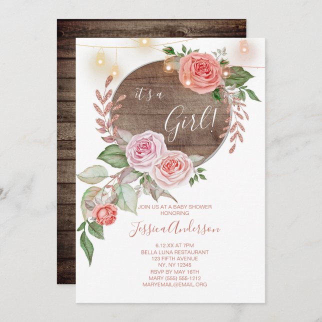 Convites Chá de fraldas Rosa Floral (Frente/Verso)