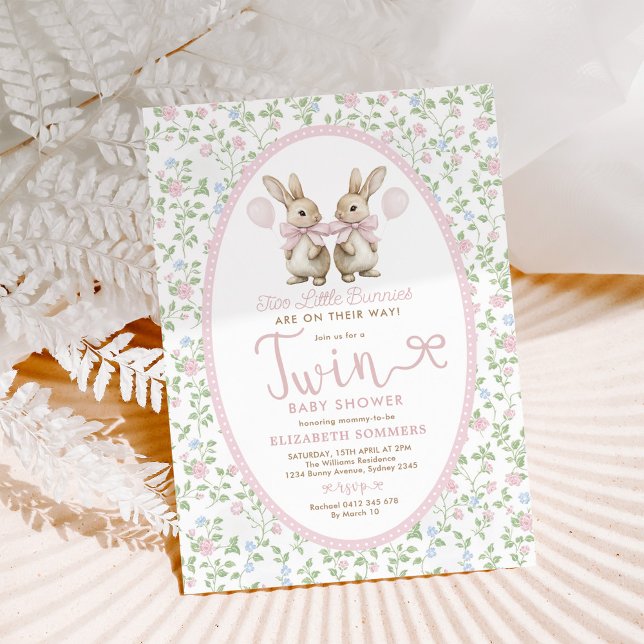 Convites Chá de fraldas Rosa Floral Bunny Twin Balon (Criador carregado)