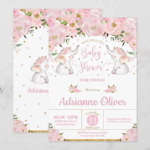 Convites Chá de fraldas Rosa Floral Elefante Twin Girls