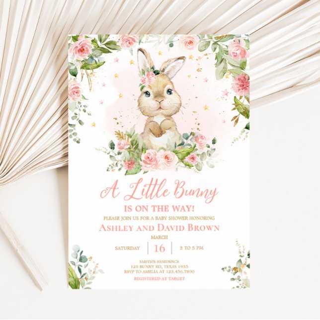 Convites Chá de fraldas Rosa Floral Pequeno (Girl Peter Rabbit Baby Shower Invitation)