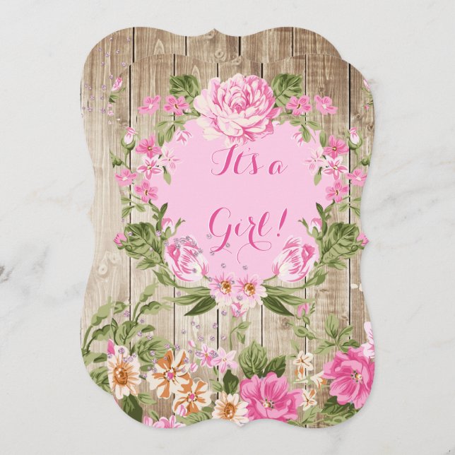 Convites Chá de fraldas Rosa Floral Russo Rapariga de Madei (Frente/Verso)