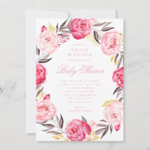 Convites Chá de fraldas Rosa Floral Wreath Watercolor Girl