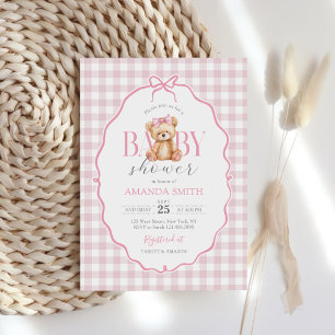 Convites Chá de fraldas Rosa Gingham Teddy Bear