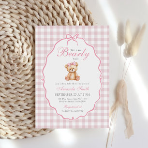 Convites Chá de fraldas Rosa Gingham Teddy Bear