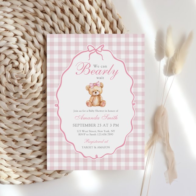 Convites Chá de fraldas Rosa Gingham Teddy Bear (Criador carregado)
