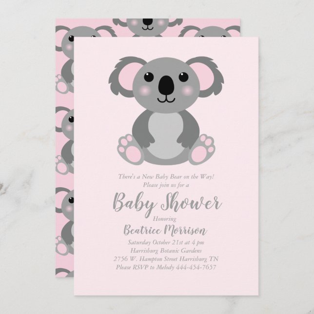 Convites Chá de fraldas Rosa Koala Bear (Frente/Verso)