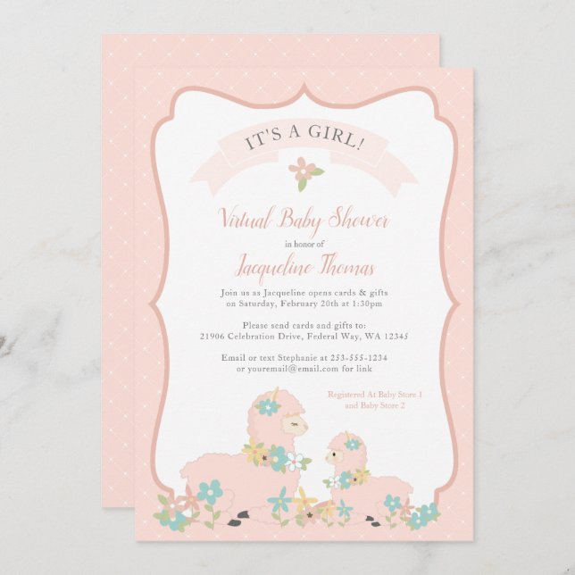 Convites Chá de fraldas Rosa Llama (Frente/Verso)