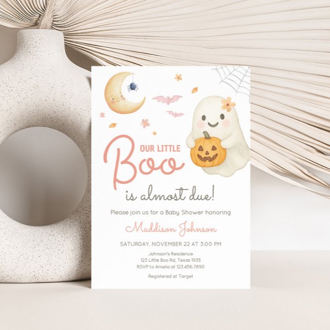 Convites Chá de fraldas Rosa Pequeno (Pink Little Boo Halloween Baby Shower Invitation)