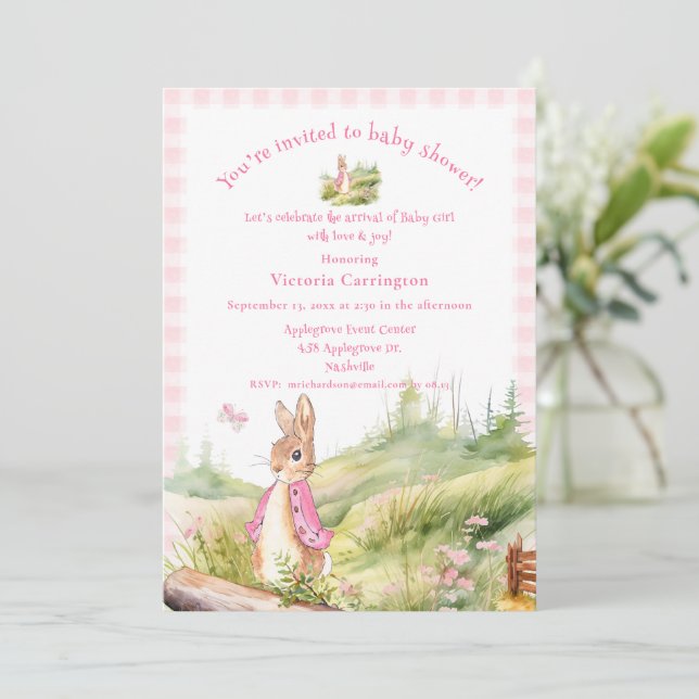 Convites Chá de fraldas Rosa Peter Rabbit Baby Girl (Em pé/Frente)