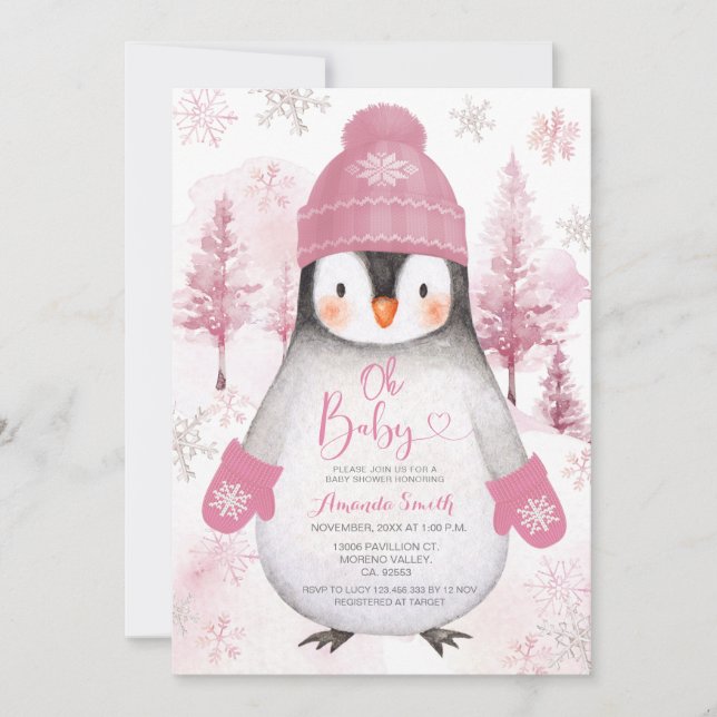 Convites Chá de fraldas Rosa Pinguin tricotado Hat Snowflak (Frente)