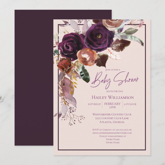 Convites Chá de fraldas rosa-pino, ameixa, rosa e Dourado (Frente/Verso)