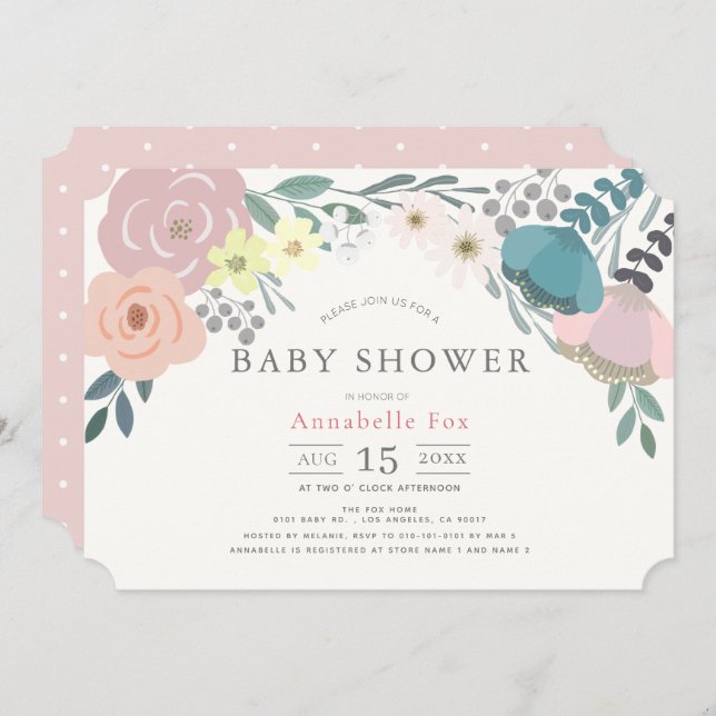 Convites Chá de fraldas Rosa primavera (Frente/Verso)