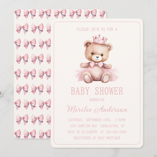 Convites Chá de fraldas Rosa Princesa Bear Baby Girl (Frente/Verso)