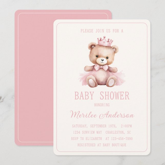 Convites Chá de fraldas Rosa Princesa Bear Baby Girl (Frente/Verso)