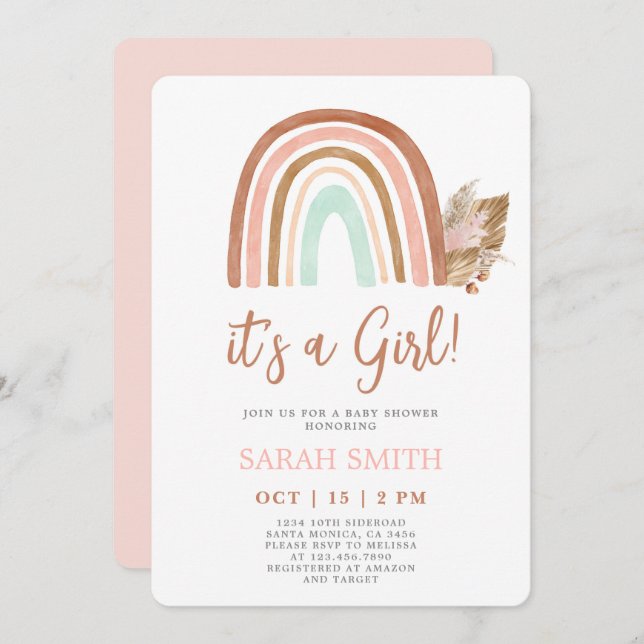 Convites Chá de fraldas Rosa Rainbow (Frente/Verso)