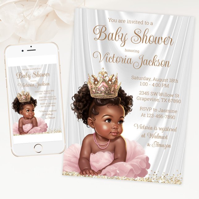 Convites Chá de fraldas rosa-rosa da princesa africana Dour (Blush pink gold princess baby shower invitation. Available for instant download and print.)