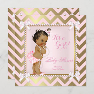 Convites Chá de fraldas Rosa Rosa Pérola Dourada Chevron Ét