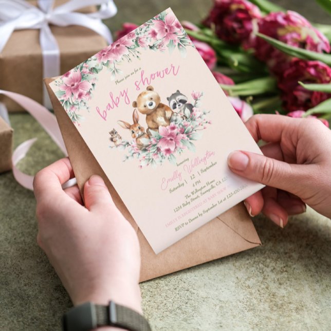 Convites Chá de fraldas Rosa Rosa Pêssego de Animais Cachor (Criador carregado)