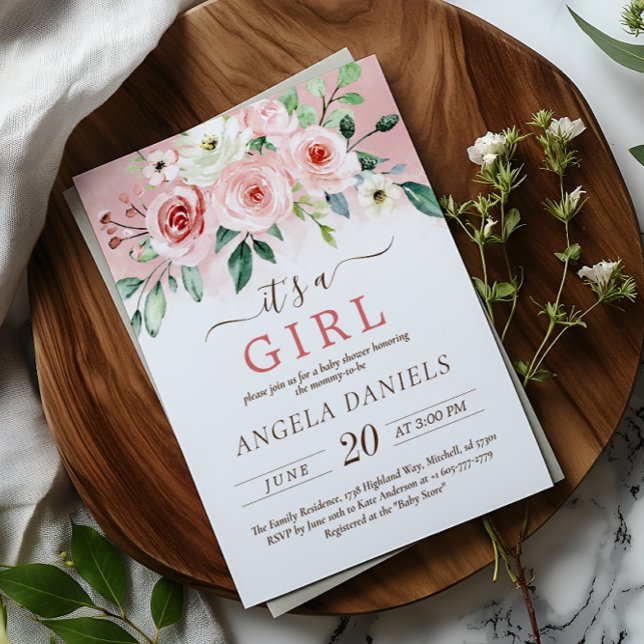 Convites Chá de fraldas Rosa Rosa Rosa-Rosa-Rosa-Rosa-Cria (Blush Pink Rose Watercolor Girl Baby Shower Invitation)