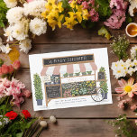 Convites Chá de fraldas rosa-rosado do fazendeiro de carrin<br><div class="desc">Ilustração original de um carrinho de flores com detalhes do evento na sinalização de quadro. Personalize a cor do verso,  adicione mais texto ou uma foto conforme desejado. Atualizado em 1/2023 com três opções de cor</div>