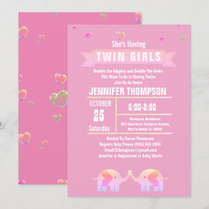 Convites Chá de fraldas Rosa/Roxo de Elefante Gêmeos 